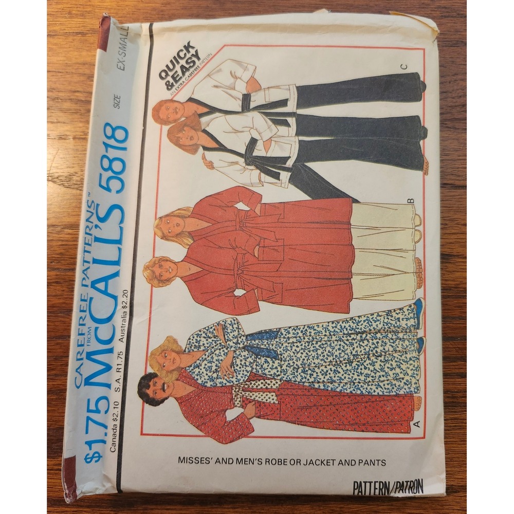 Vintage 1977 McCalls 5818 Unisex Robe Jacket Pants Sewing Pattern Size XS 70s